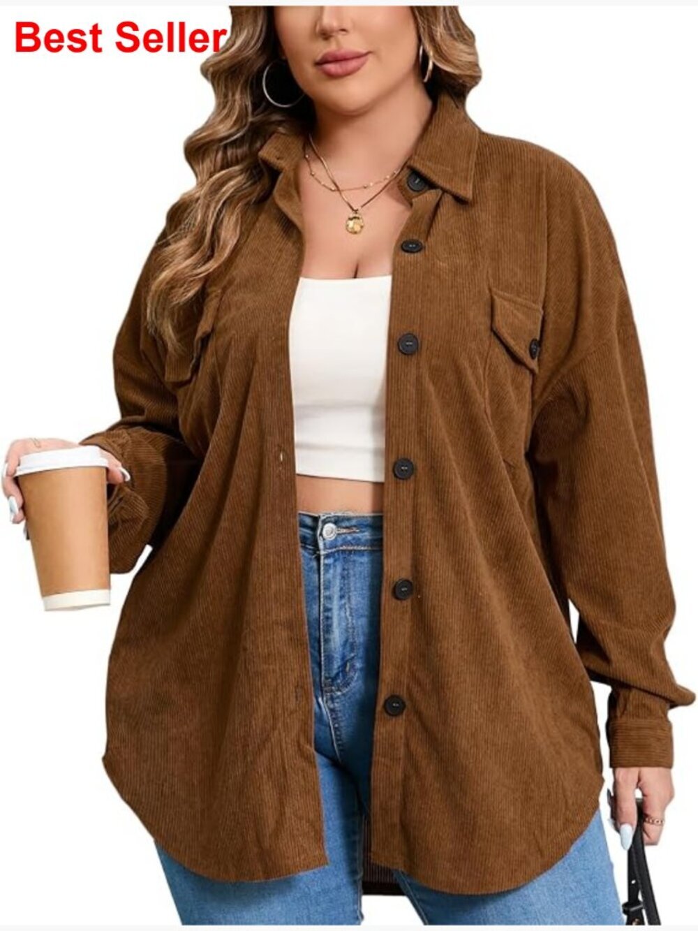 Plus Size Corduroy Shacket, Button Down Oversized Coat, Long Sleeve Jacket with